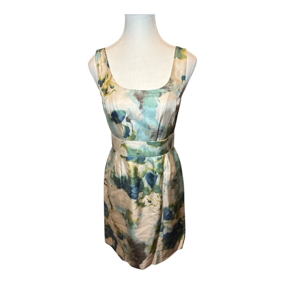 Banana Republic Silk Abstract Floral Dress Blue Green Sz 0P Spring Summer Mini - Picture 2 of 7